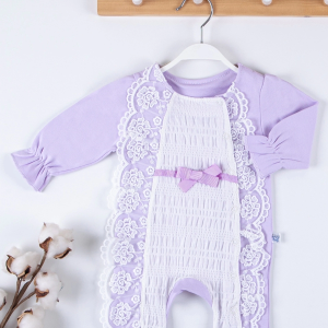 3-9 Ay Kız Bebek Tulumu Gofralı Fransız Güpür Lila