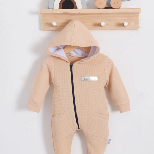 3-18 Ay Erkek Bebek Tulumu Yandan Cepli Fermuarlı Krem