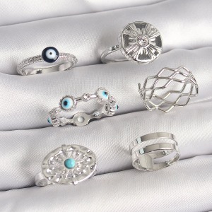 Pirinç Gümüş Renk Nazar Boncuk Zirkon Taş Detaylı Dalga Figür Kadın Yüzük Kombini