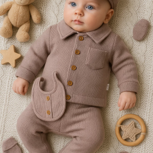 3 Ay Bebek Hastane Çıkış Seti Cepli Waffle 5'li Erkek Gri