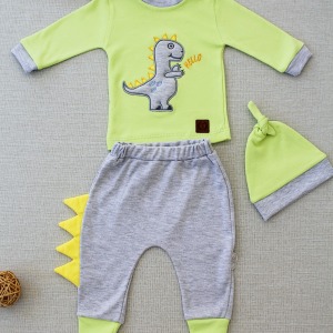 3-6 6-9 9-12 Ay Minik Dino Nakışlı Şapkalı Uzun Kollu Sweat 3lü Kız-erkek Bebek Takımı