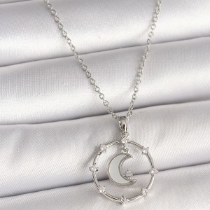 316L Çelik Gümüş Renk Zincir Zirkon Taşlı Beyaz Mineli Hilal Model Kadın Kolye
