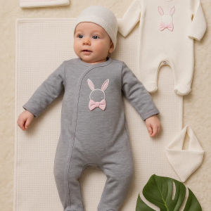 3-6 Ay Tavşan Desenli Fiyonklu Kız Bebek 4'lü Tulum Seti Gri