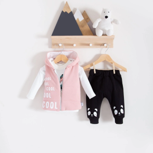 3-18 Ay Kız Bebek Alt&Üst Takımı Yelekli 3 lü Somon