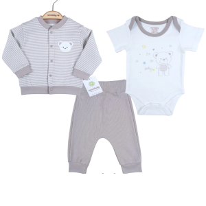 3-12 Ay Erkek Bebek Takımı Çizgili Bear Hırkalı Gri
