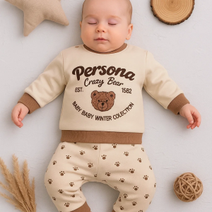 3-18 Ay Erkek Bebek Takımı Persona Bear Nakışlı 2'li Krem