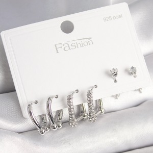 925 Ayar Gümüş Çivi Pirinç Gümüş Renk Zirkon Taşlı Tiffany Halka Model Kadın Küpe Seti