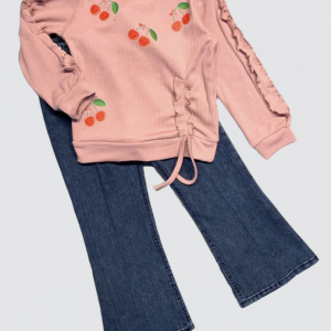 4-5-6 Yaş Kot Pantolonlu Kiraz Desenli Penye Sweat Uzun Kollu 2li Kız Çocuk Takımı