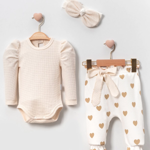 3-18 Ay Bandana Kız Bebek Takımı Kalpli 3'lü Waffle Krem