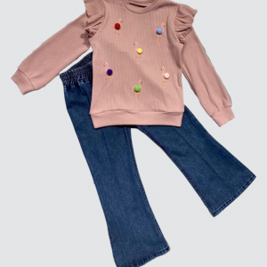 4-5-6 Yaş Kot Pantolonlu Flamingo Desenli Penye Sweat Uzun Kollu 2li Kız Çocuk Takımı