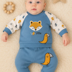 3-12 Ay Erkek Bebek Takımı Littie Fox Nakışlı 2'li Mavi