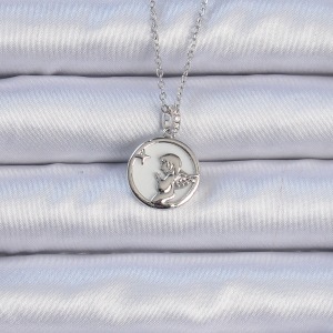 316L Çelik Zincir Gümüş Renk Zirkon Taşlı Mineli Melek Kolye