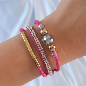 Pembe Renk Zirkon Taşlı Deri Çoklu Bileklik