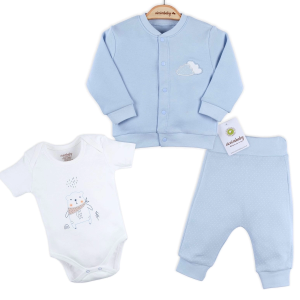 3-12 Ay Erkek Bebek Takımı Bulut Nakışlı Hırkalı Mavi