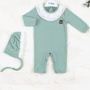 3-12 Ay Kız Bebek Tulumu Brode Nakışlı Şapkalı Yeşil