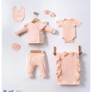 Yakası Fırfırlı Kız Bebek 7 Parça Battaniyeli Hastane Çıkışı Seti Somon