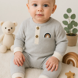 3-9 Ay Erkek Bebek Tulumu Waffle Gökkuşağı Nakışlı Gri