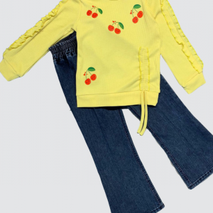 4-5-6 Yaş Kot Pantolonlu Kiraz Desenli Penye Sweat Uzun Kollu 2li Kız Çocuk Takımı