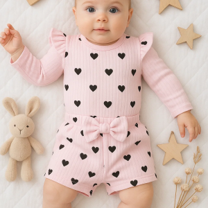 3-12 Ay Kız Bebek Alt&Üst Takımı Şortlu Kalp 2'li Pembe