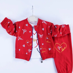3-18 Ay Kız Bebek Takımı Kalp Hırkalı 3'lü Kırmızı