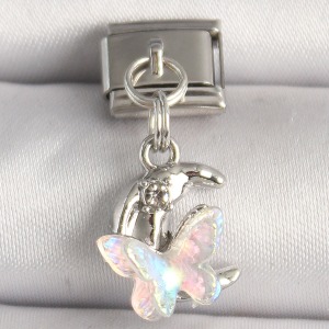 316L Çelik Gümüş Renk Zirkon Taşlı Hilal Beyaz Mineli Kelebek Model Nomintaion Charm