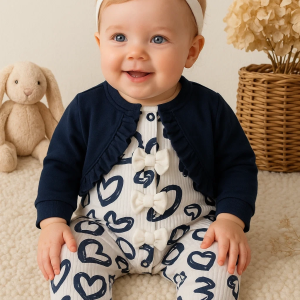 3-9 Ay Kız Bebek Tulum Bolerolu Kalp Lacivert