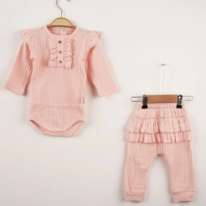 3-9 Ay Kız Bebek Takımı Büzgü Detay Fırfırlı 2'li Somon