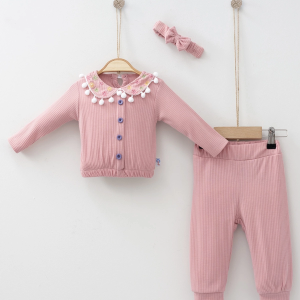 3-12 Ay Kız Bebek Takımı Çiçek Nakışlı Bandanalı Gül Kurusu