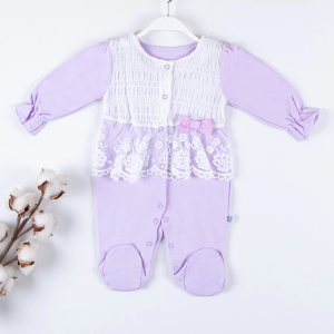 3-9 Ay Kız Bebek Tulumu Gofralı Fransız Güpürlü Lila