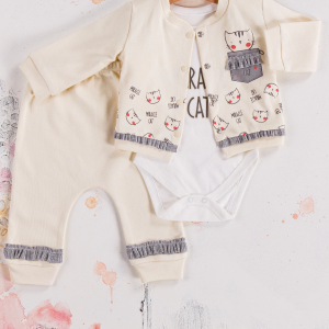 3-9 Ay Kız Bebek Alt&Üst Takımı Kedi 3'lü Hırkalı Krem