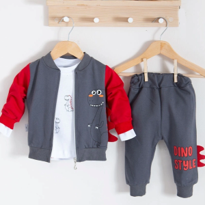 3-18 Ay Erkek Bebek Takımı Dinazor Hırkalı 3'lü Kırmızı