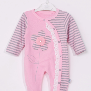 3-9 Ay Kız Bebek Tulumu Çiçek Nakışlı Ayaklı Pembe