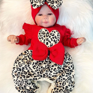 3-9 Ay Kız Bebek Tulum Leopar Desen Fırfır ve Fiyonklu Kırmızı