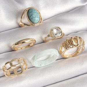 Pirinç Gold Renk Kare Zirkon Taşlı Sarmal Model Mavi Taş Detay 6'Lı Kadın Yüzük Seti