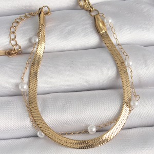 316L Çelik Gold Renk 2'Li İtalyan Zincir Model İnci Detay Kadın Bileklik