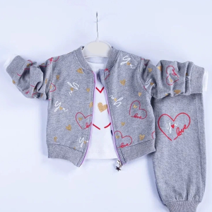 3-18 Ay Kız Bebek Takımı Kalp Hırkalı 3'lü Gri