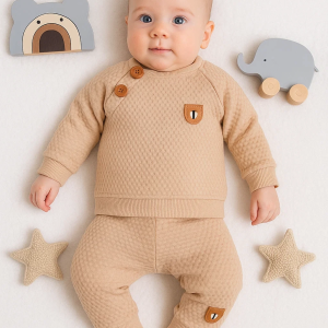 3-18 Ay Erkek Bebek Takımı Jakarlı Omuz Düğmeli 2'li Krem