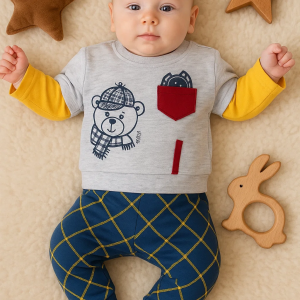 3-12 Ay Erkek Bebek Takımı Cep Bear Nakışlı 2'li Gri