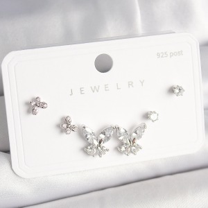 925 Ayar Gümüş Çivi Pirinç Zirkon Taşlı Kelebek Model Kadın Küpe Seti
