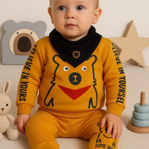 3-18 Ay Erkek Bebek Takımı Oynar Gözlü Fularlı 3'lü Sarı