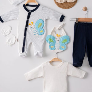3 Ay Kelebek Nakışlı Tulumlu Erkek Bebek 5'li Set Siyah