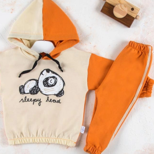 6-24 Ay Erkek Bebek Takımı Panda Kapişonlu Turuncu