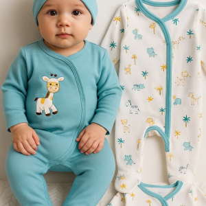 3-6 Ay Zürafa Nakışlı Erkek Bebek 4'lü Tulum Seti Yeşil