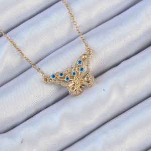 316L Çelik Zincir Altın Renk Zirkon Taşlı Nazarlı Kelebek Kolye