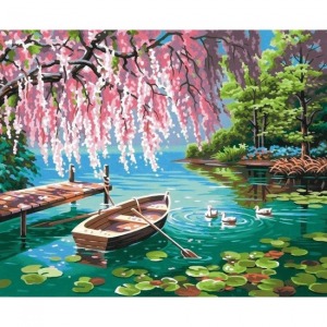  Pembe Söğüt ve Göl Sayılarla Boyama Seti  Kasnaklı  40 x 50