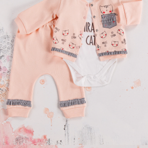 3-9 Ay Kız Bebek Alt&Üst Takımı Kedi 3'lü Hırkalı Somon
