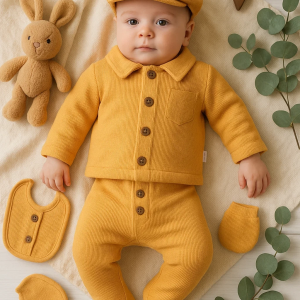 3 Ay Bebek Hastane Çıkışı Cepli Waffle 5'li Erkek Hardal