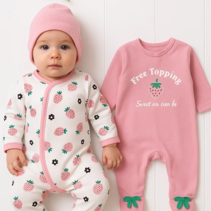 3-6 Ay Çilek Kız Bebek 4'lü Tulum Seti Pembe