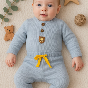 3-12 Ay New Waffle Çıtlı Düğmeli 2'li Mevsimlik Takımı Mavi