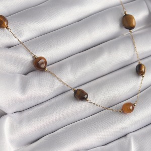316L Çelik Gold Renk Zincir Kahvrengi Doğaltaş Model Kadın Kolye